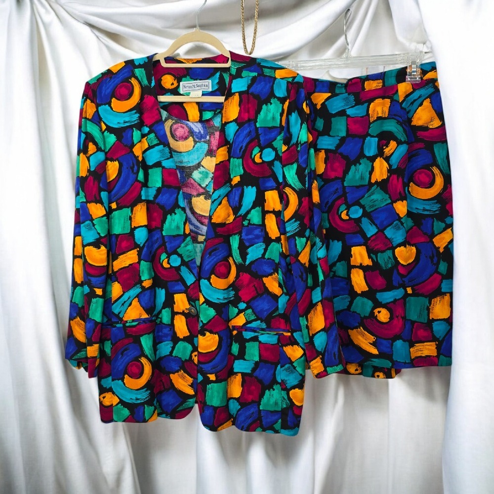 Norton McNaughton Vintage Skirt Suit Set Bright Abstract Print Blazer Woman 14